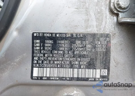 2020 Honda Hr-V Awd Ex из США, поврежденный, VIN 3CZRU6H55LM719397